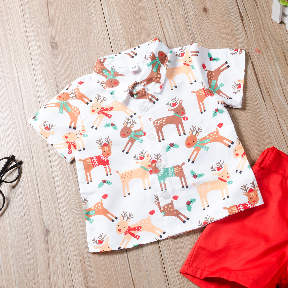 Boys Christmas Deer Print Shirt Shorts Set