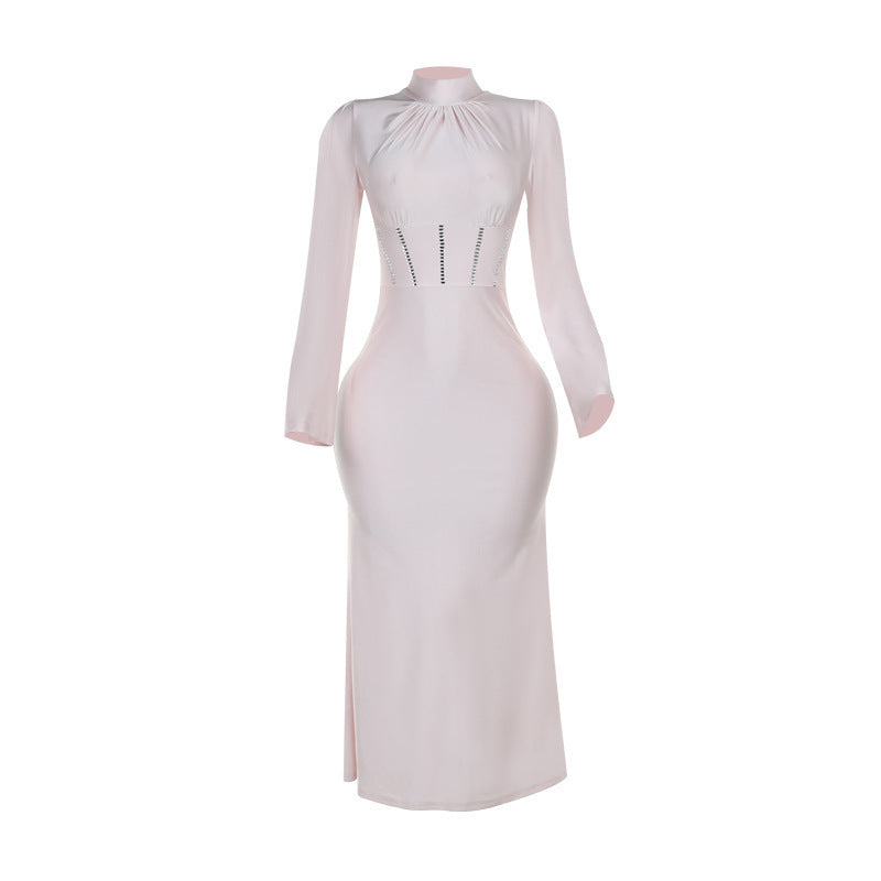Autumn Fashion Style Half Turtleneck Rhinestone Long Sleeve Dress
