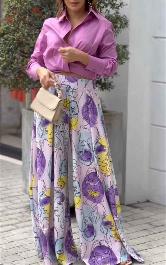 Lapel Long Sleeve Shirt Print Pants Two Piece Set