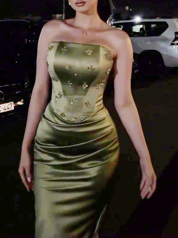 Robe Satin Bustier Strass Plisée