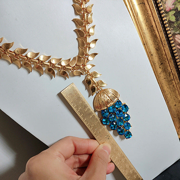 Blue Bright Crystal Oval Stud Earrings Wheat Plain Gold Necklace