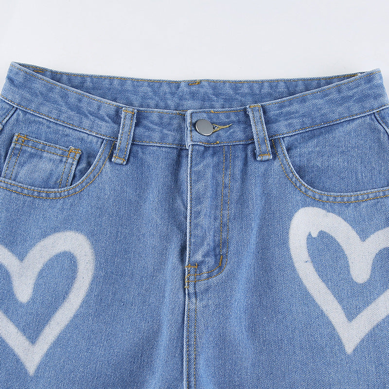 Wide-leg Jeans Women's Love Print Straight Loose