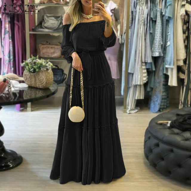 Maya Chic – Robe Épaules Dénudées Ceinturée