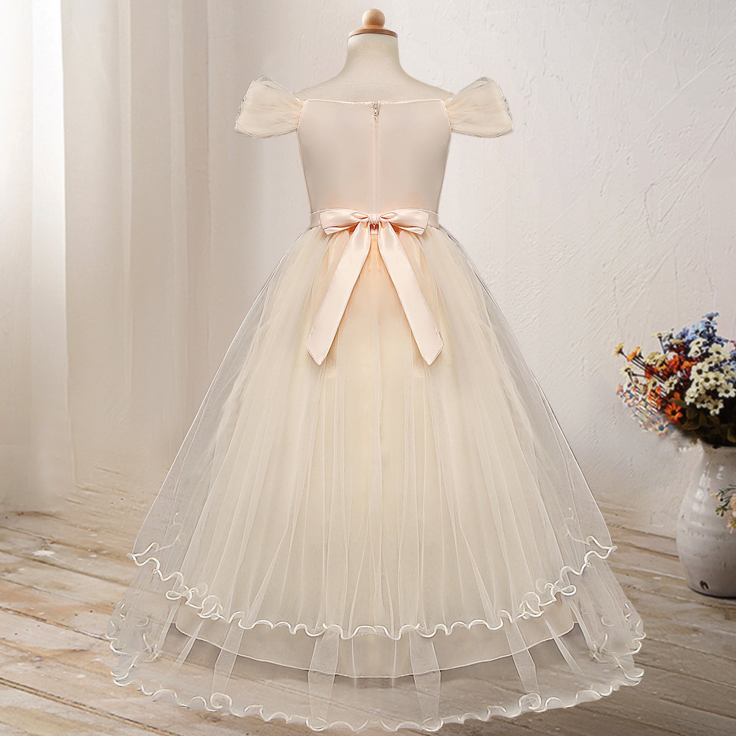 👑 Robe Princesse Épaule Dénudée – Fleur Élégance Fille