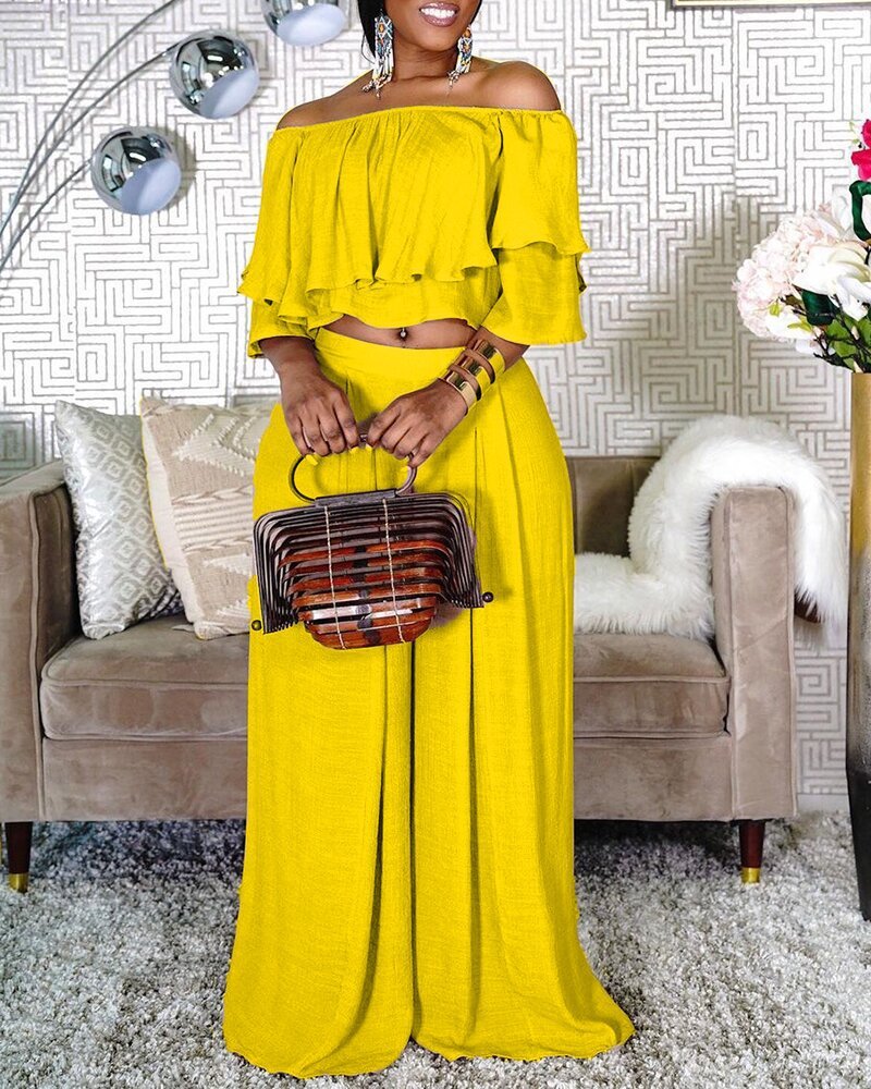 Women's Fashionable Off-neck Ruffle Top Wide-leg Pants Suit
