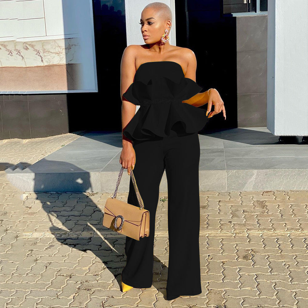 Pure Color Tube-top Wide Leg Pants Ruffled Comfort And Casual Suit