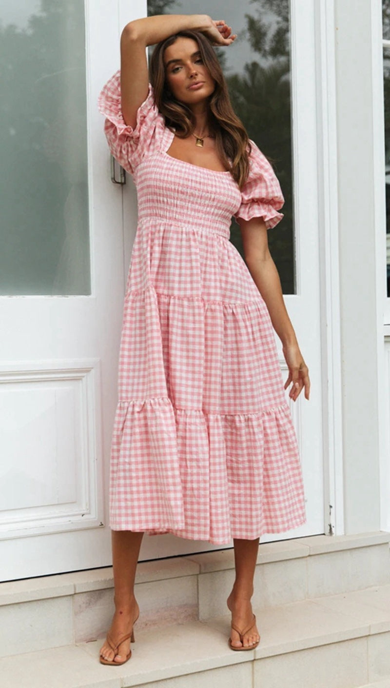 Douce Brise à Carreaux – Manches Bouffantes & Taille Haute