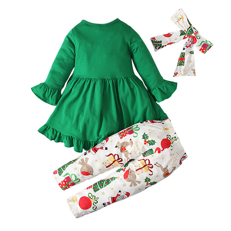 Girls' Long-sleeved Round Neck Cake Dress Christmas Printed Trousers Hair Band 3 Pieces Suit