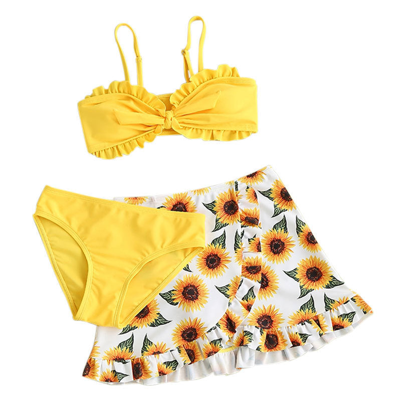 🌻 Maillot de Bain 3 Pièces Fille – Motif Tournesol Éclatant