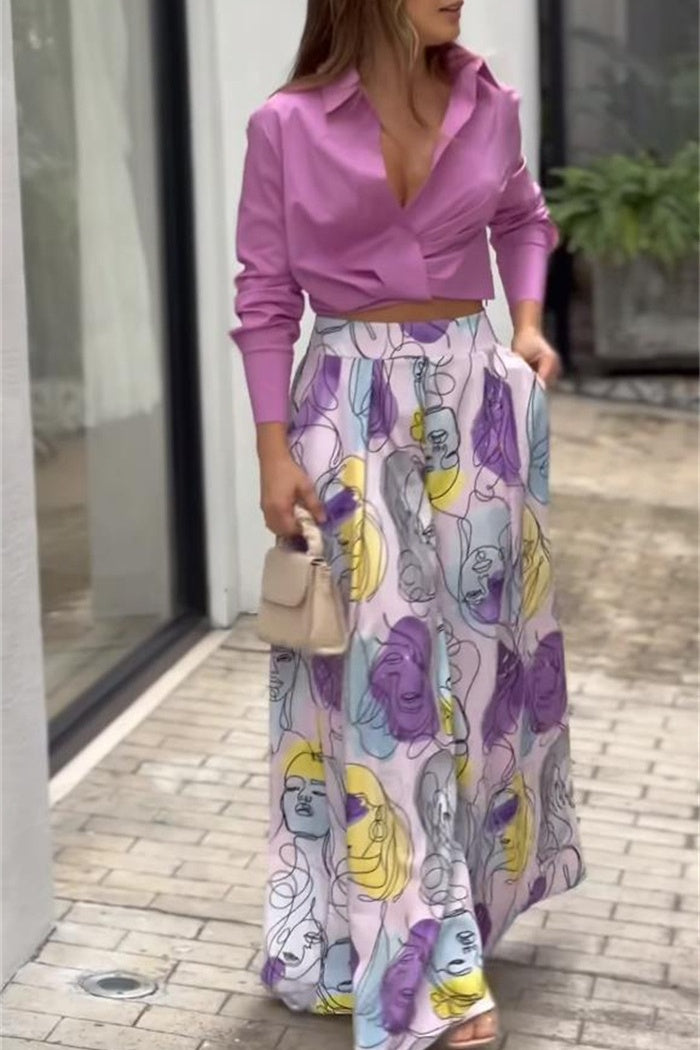 Lapel Long Sleeve Shirt Print Pants Two Piece Set