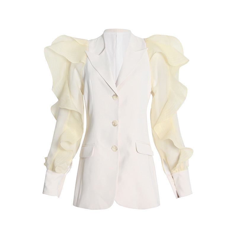 Personality Lapel Gauze Stitching Puff Sleeves High-quality Slim Suit Jacket