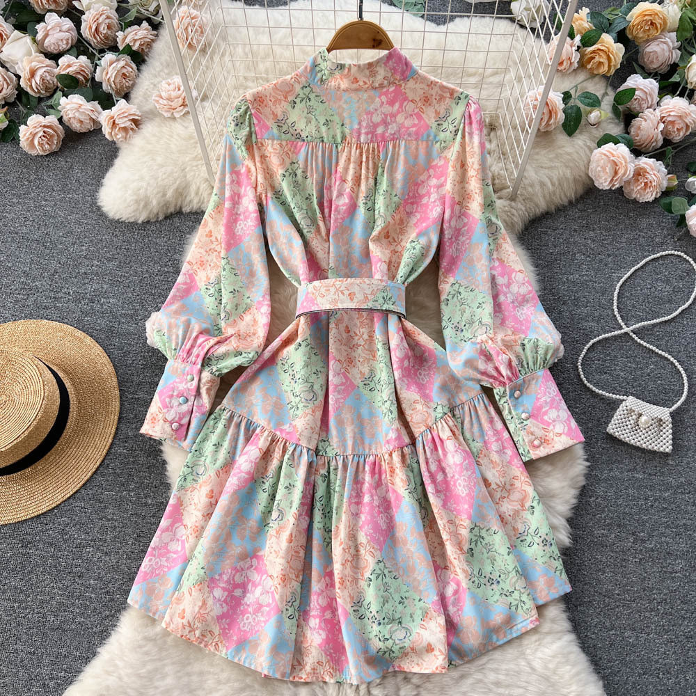 French Retro Printed Pleated Waist Tight Puff Sleeve Midi Dress