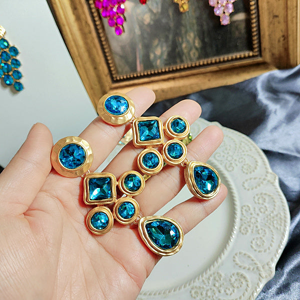 Blue Bright Crystal Oval Stud Earrings Wheat Plain Gold Necklace