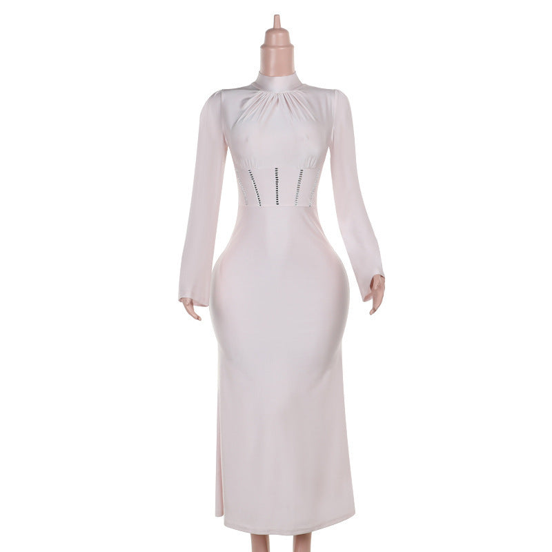 Autumn Fashion Style Half Turtleneck Rhinestone Long Sleeve Dress