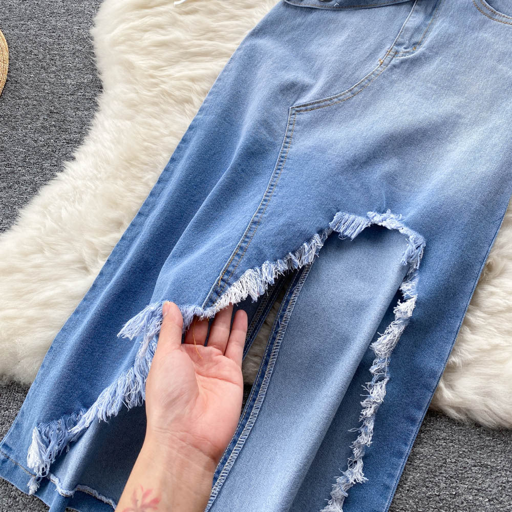 Women's Fashion Pleated Tie Crossbody Vest Irregular Raw Hem Denim Skirt Two-piece Set