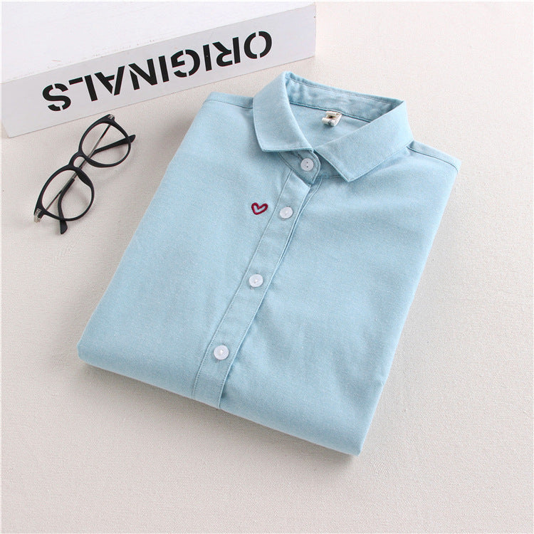 Women's Heart-shaped Embroidered Oxford-woven Bottoming Shirt Top