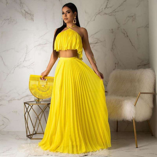 Sunset Aura – Two-Piece Pleated Elegance Set