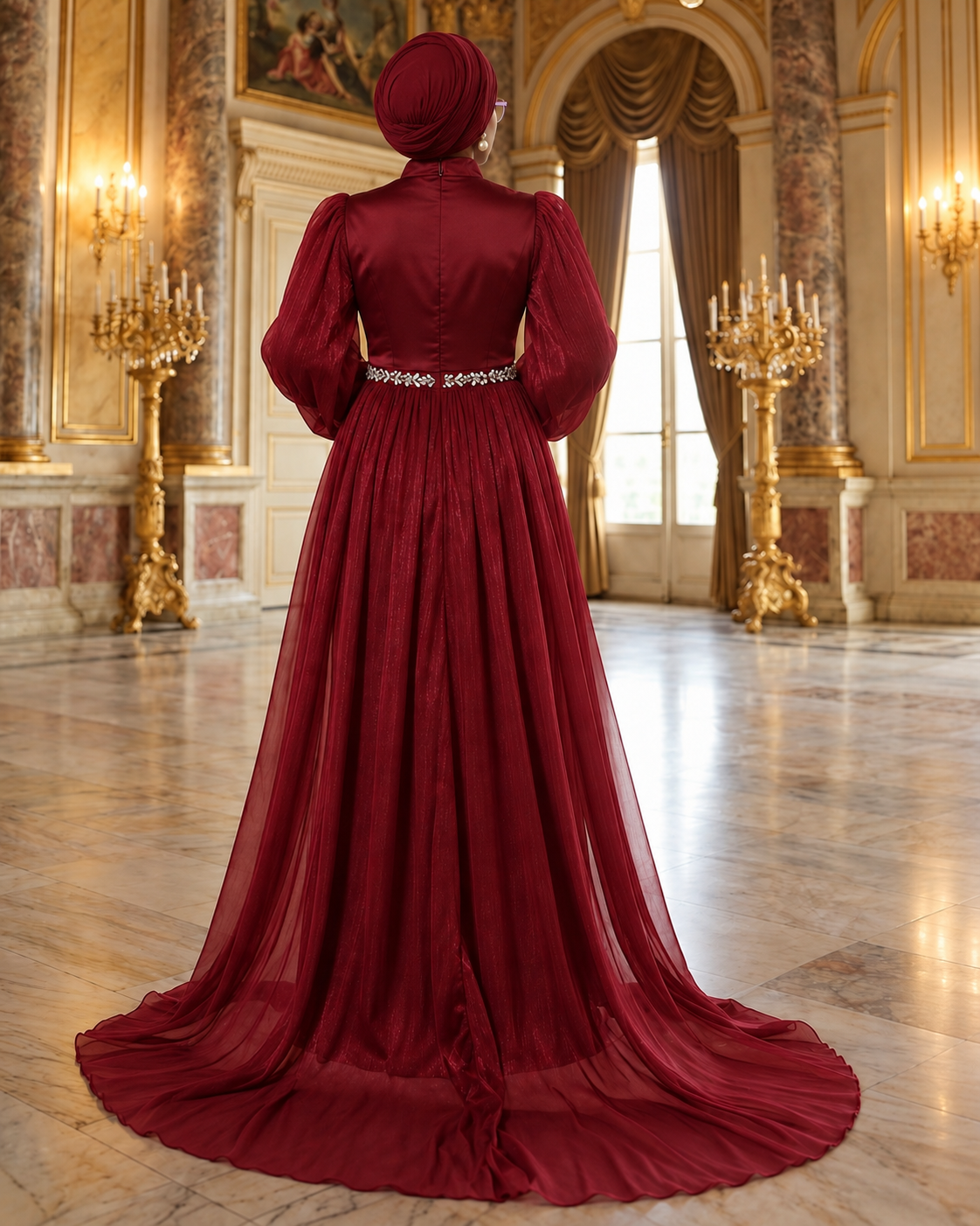 Bilqis — Robe de soirée cape ceinturée, Bordeaux