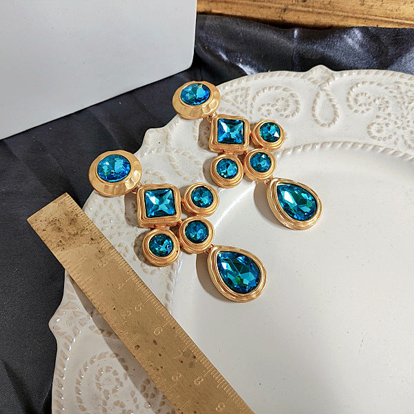 Blue Bright Crystal Oval Stud Earrings Wheat Plain Gold Necklace