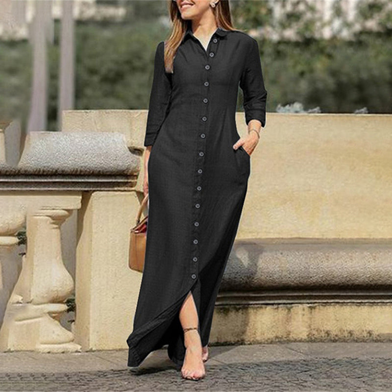 Robe longue en jean pour femme – Décontractée, boutonnée, manches longues, avec poches