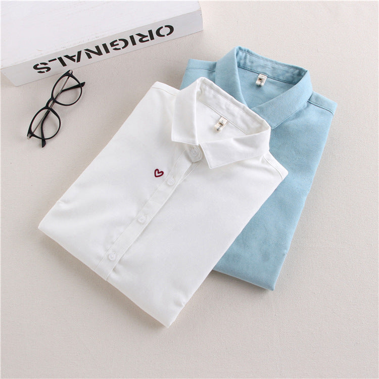 Women's Heart-shaped Embroidered Oxford-woven Bottoming Shirt Top