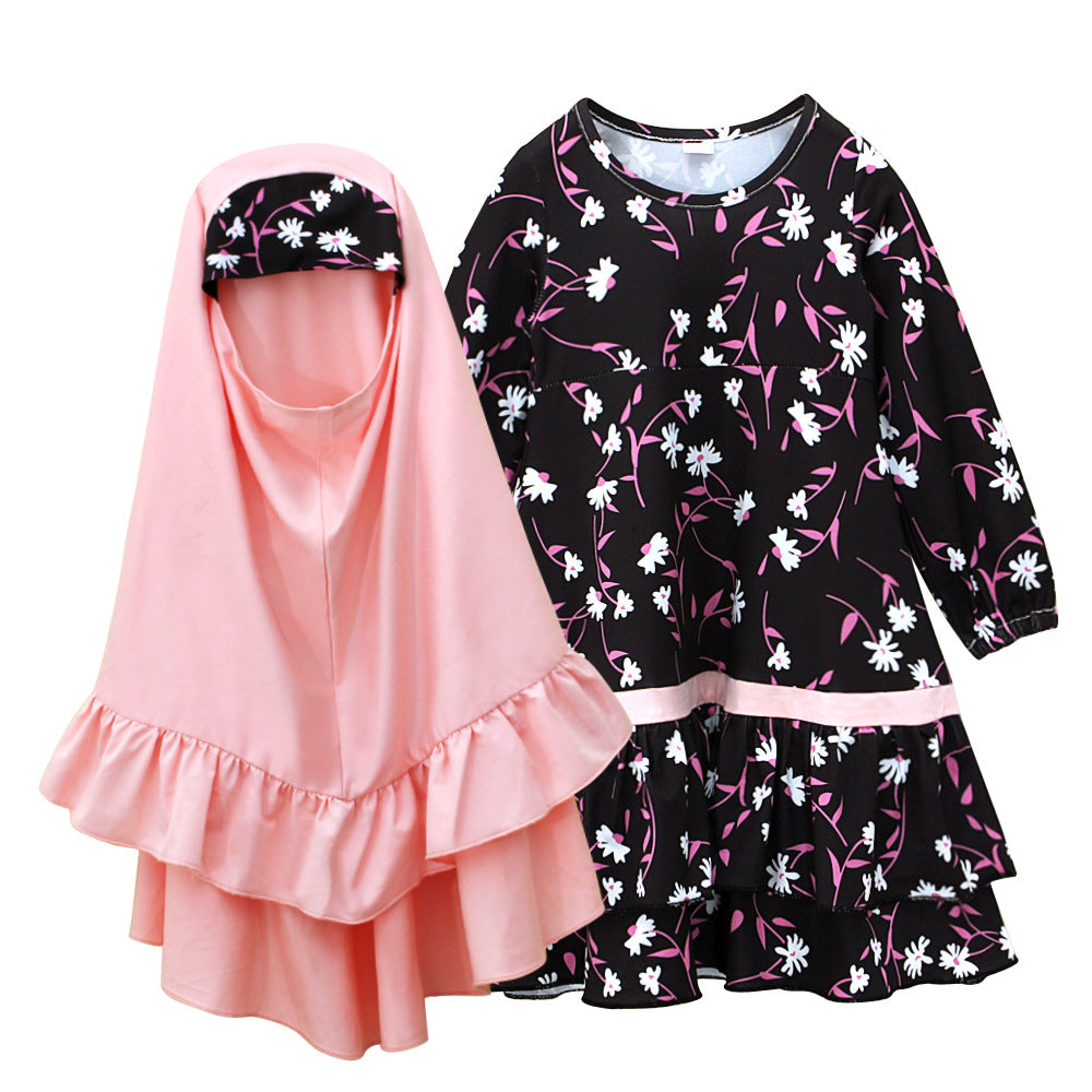 Girl's Long-sleeved Dress Long Skirt Scarf Two-piece Set