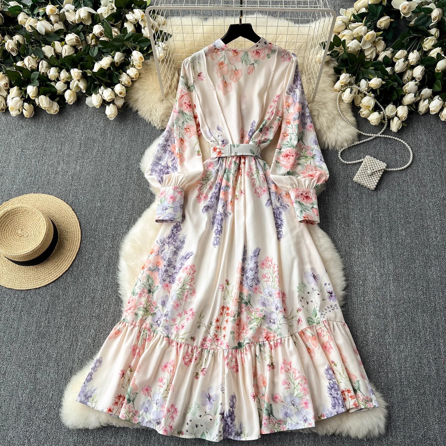 Robe Élégante à Imprimés Style Français – Manches Longues Ballon