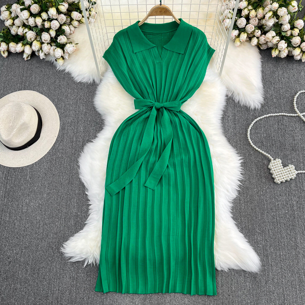 Women's French Retro Loose Waist-controlled Lace-up A- Line Knitted Dress
