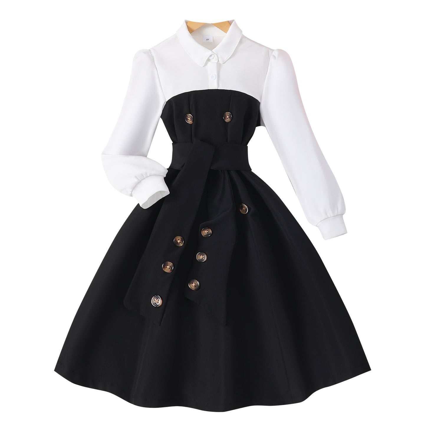 Long Sleeve Lapel Button Stitching Contrasting-color Dress