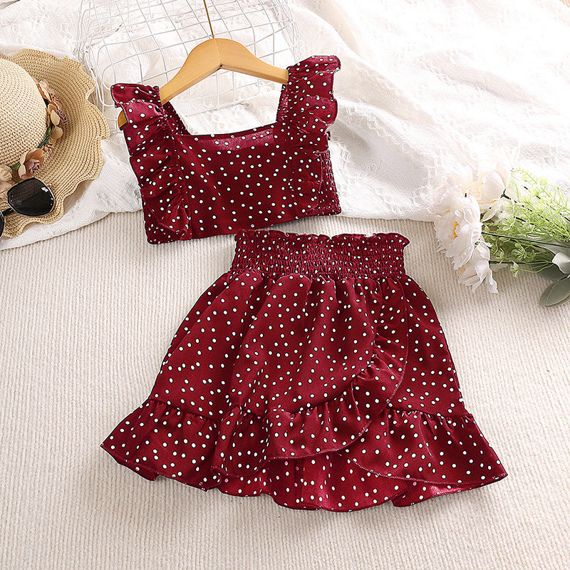 🎀 Ensemble Fille Été à Pois – Haut Bretelles & Jupe