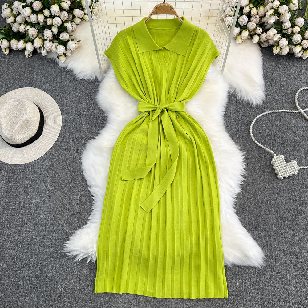 Women's French Retro Loose Waist-controlled Lace-up A- Line Knitted Dress