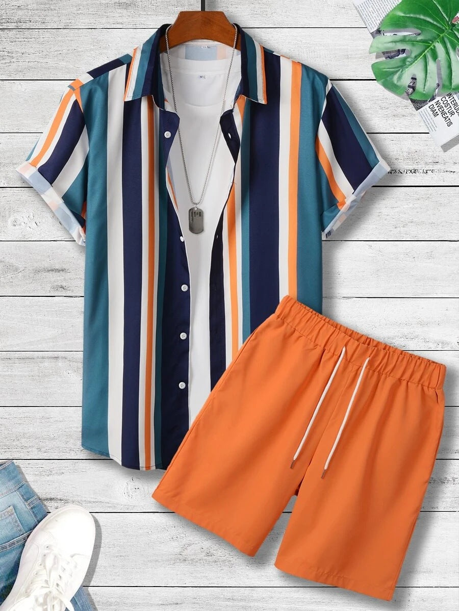Striped Contrast Color 3D Printing Vacation Shirt Shorts 2 Pieces Suit