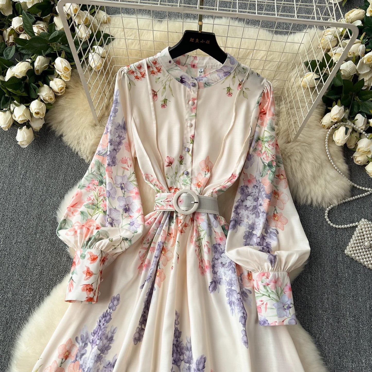 Robe Élégante à Imprimés Style Français – Manches Longues Ballon