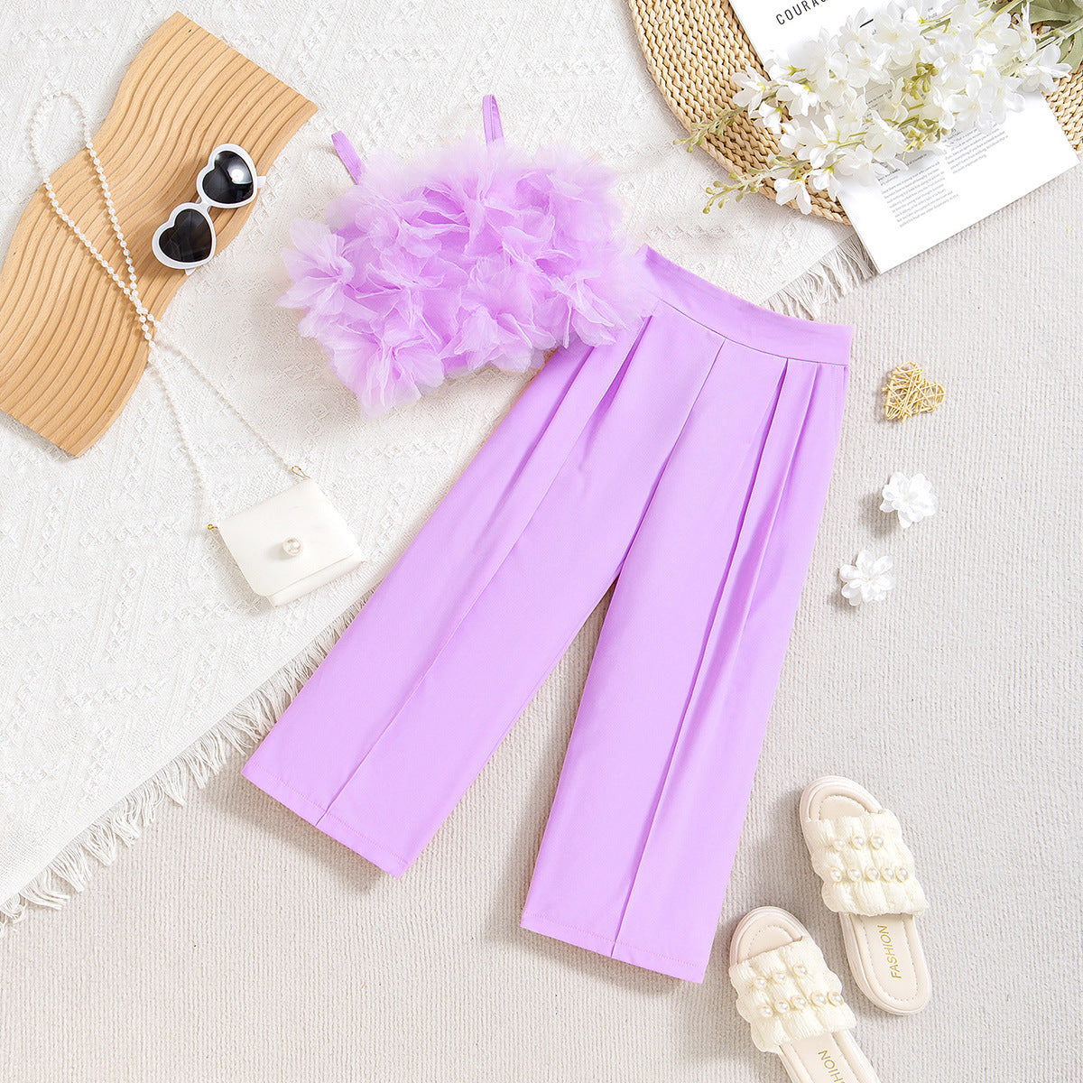 🌸Top Fleur 3D & Pantalon (2 Pièces)
