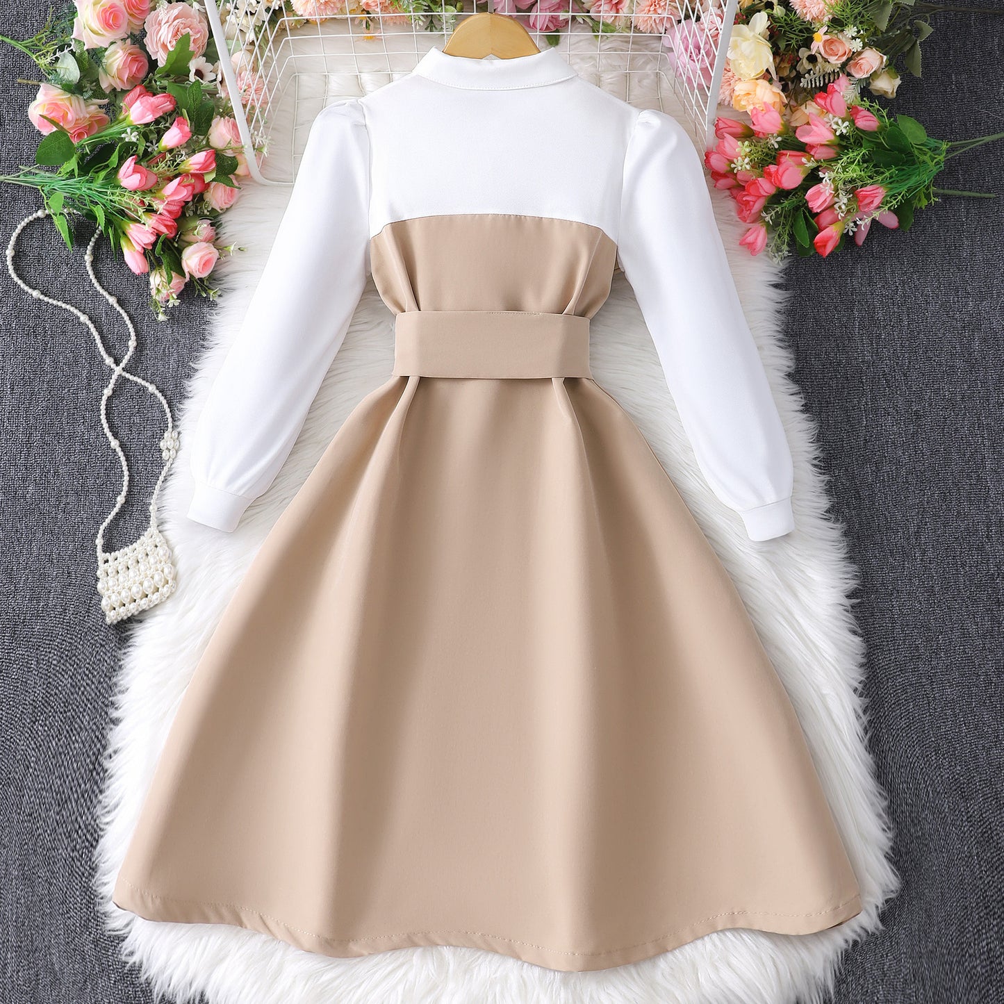 Long Sleeve Lapel Button Stitching Contrasting-color Dress