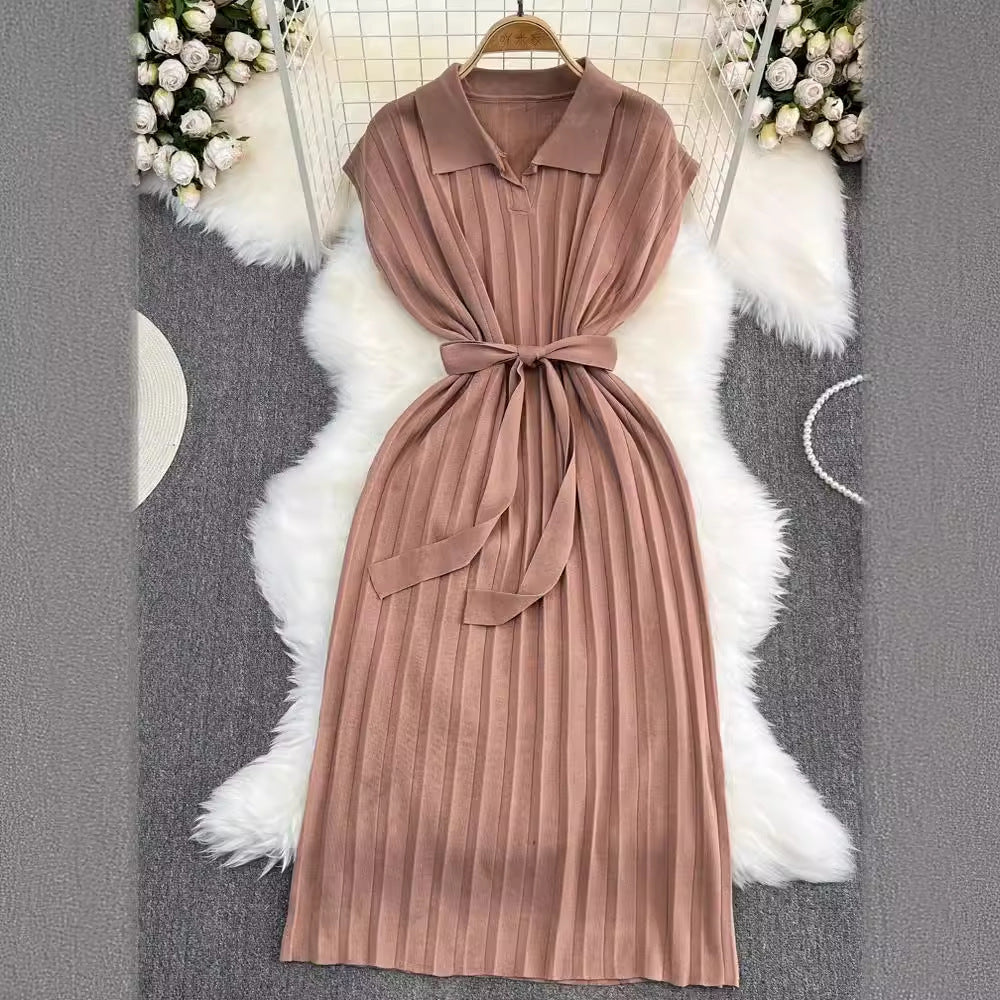 Women's French Retro Loose Waist-controlled Lace-up A- Line Knitted Dress