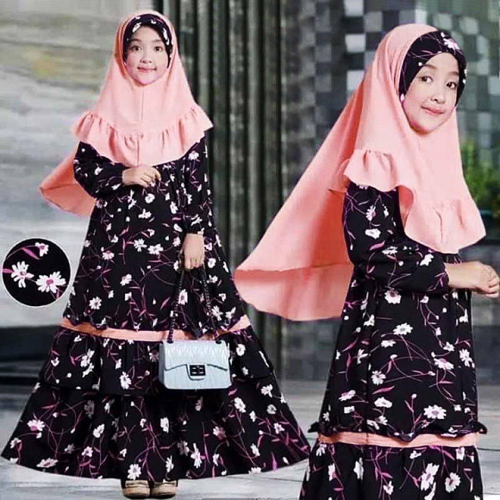 Girl's Long-sleeved Dress Long Skirt Scarf Two-piece Set