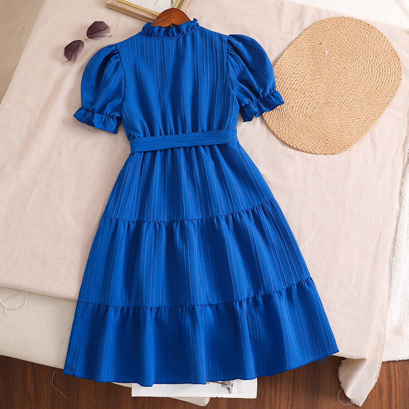 Girls' V-neck Puff Sleeve Lace-up Dress