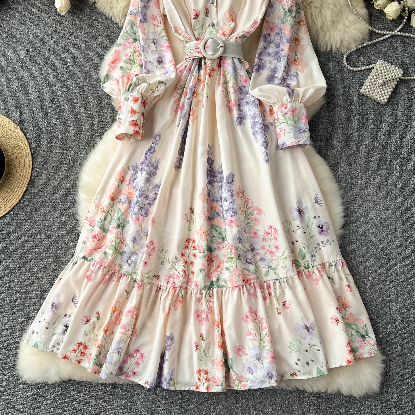 Robe Élégante à Imprimés Style Français – Manches Longues Ballon