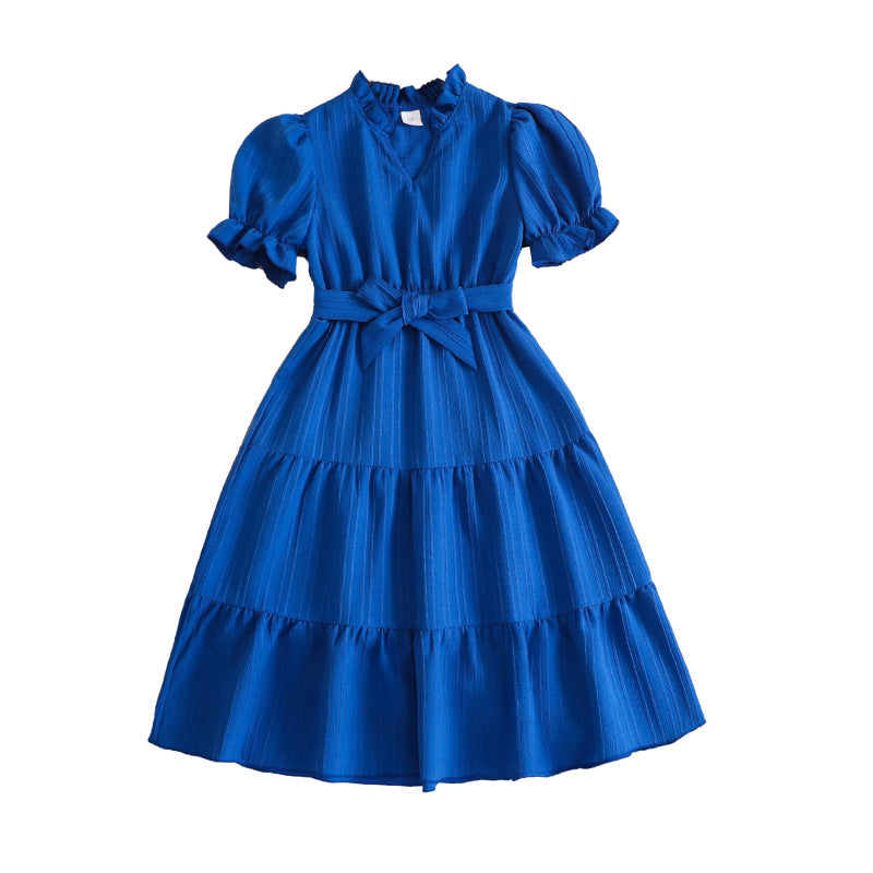 Girls' V-neck Puff Sleeve Lace-up Dress