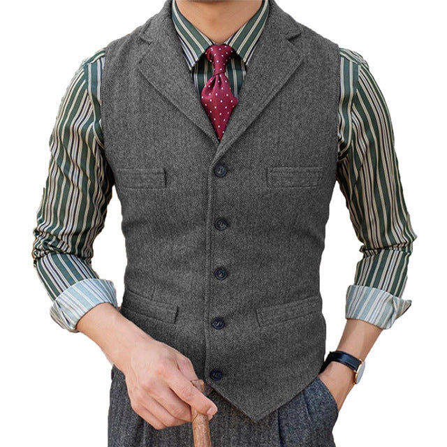 Man's Suit Vest Slim Herringbone Pattern