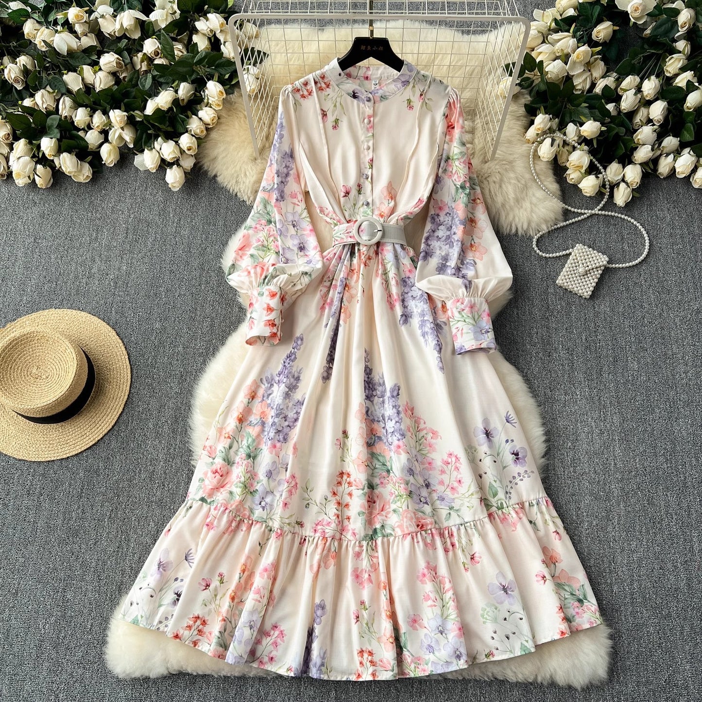 Robe Élégante à Imprimés Style Français – Manches Longues Ballon