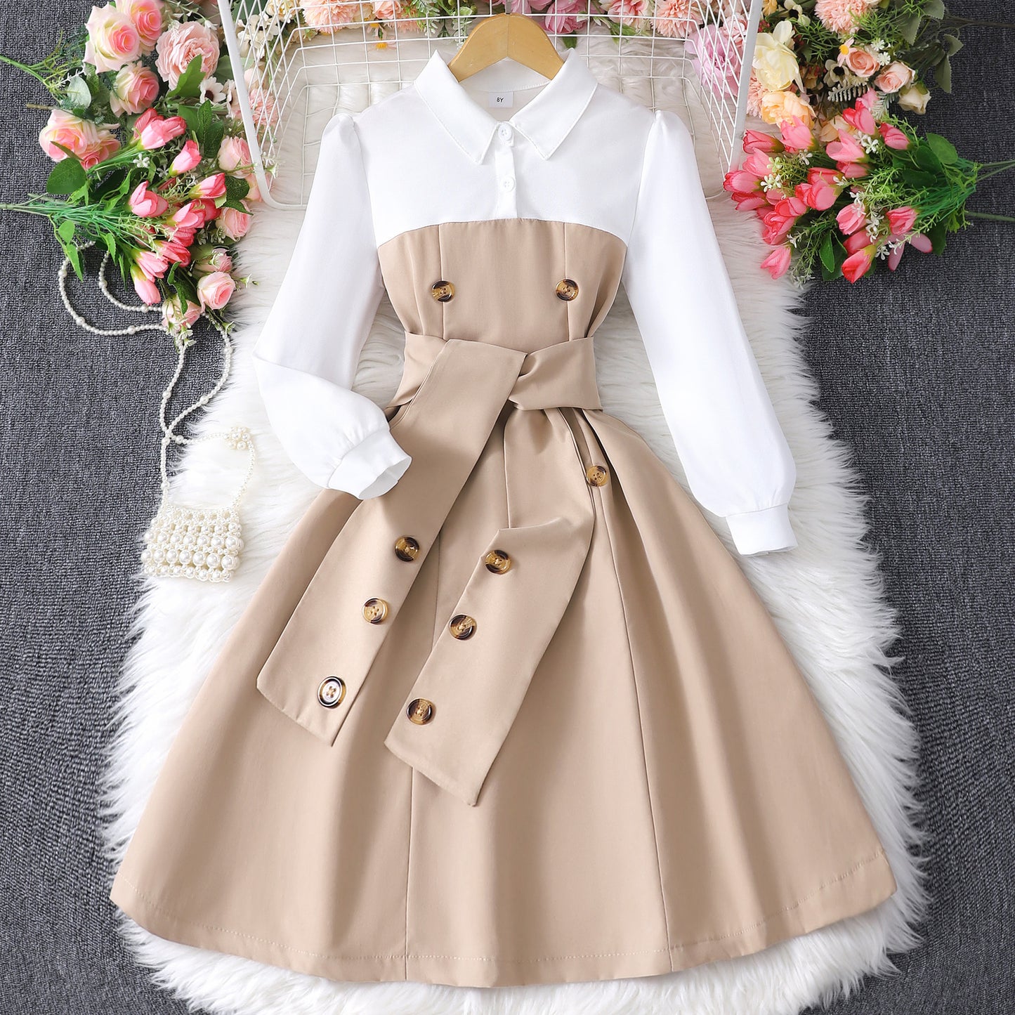 Long Sleeve Lapel Button Stitching Contrasting-color Dress