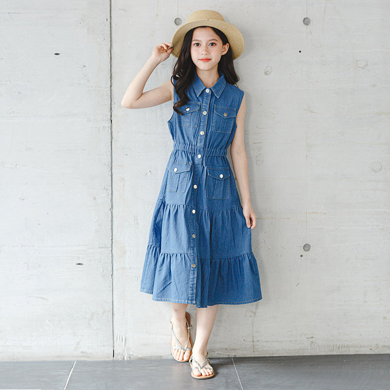 Denim Blouse Collar Vest Dress
