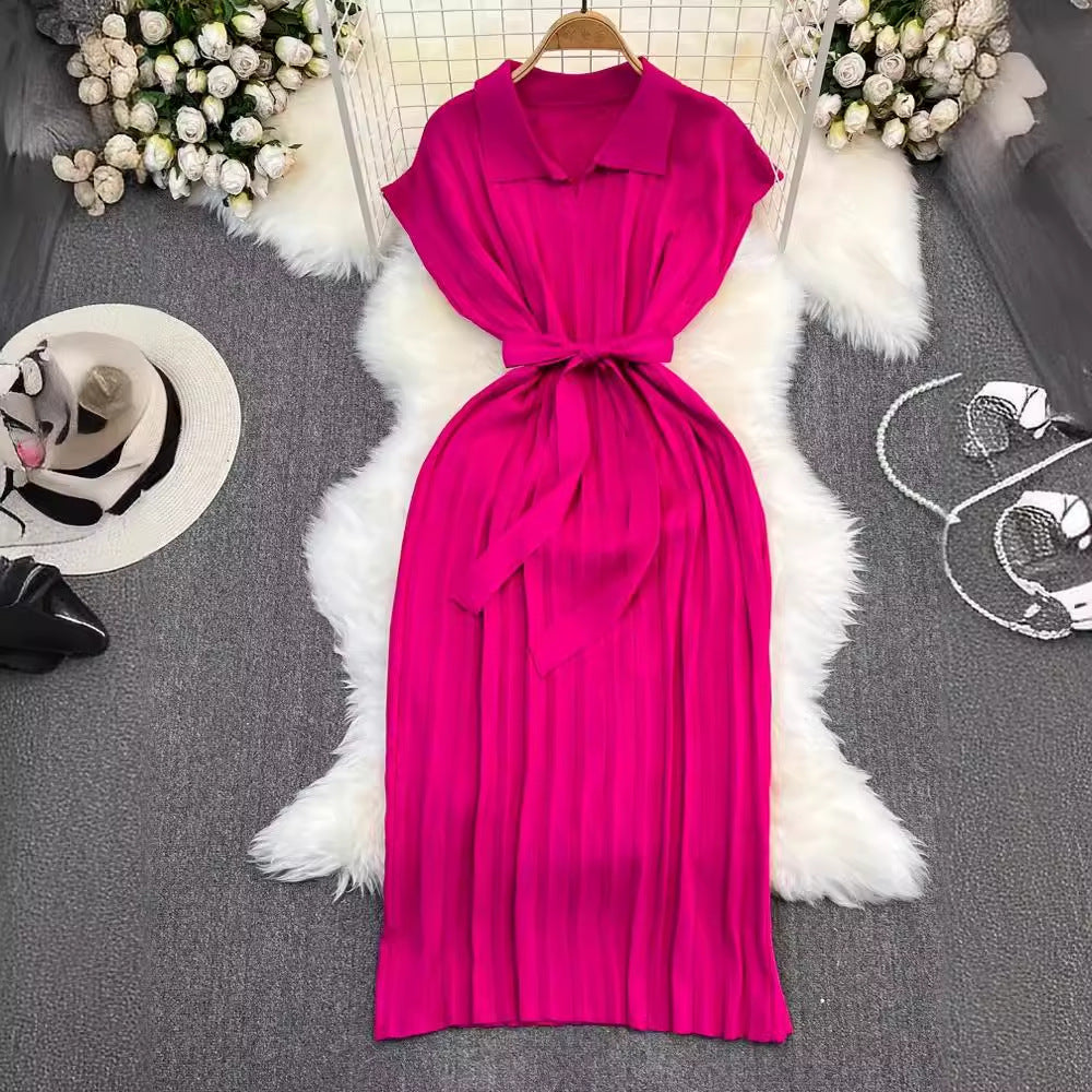 Women's French Retro Loose Waist-controlled Lace-up A- Line Knitted Dress