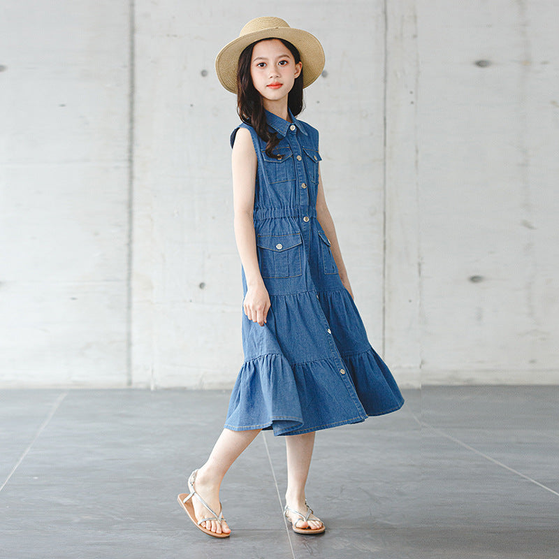 Denim Blouse Collar Vest Dress