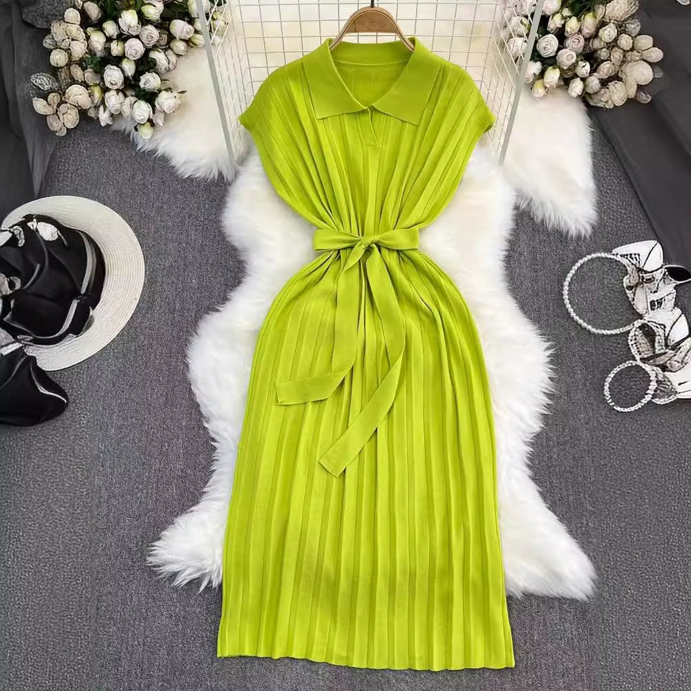 Women's French Retro Loose Waist-controlled Lace-up A- Line Knitted Dress