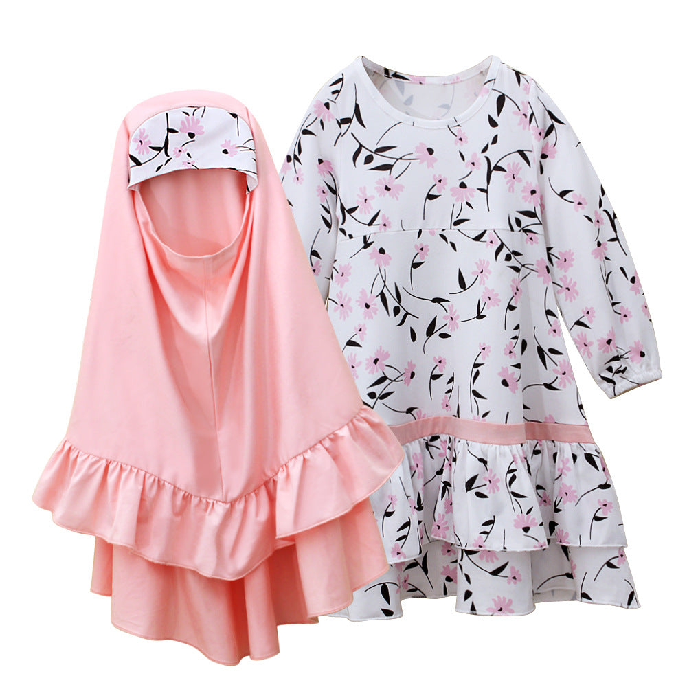 Girl's Long-sleeved Dress Long Skirt Scarf Two-piece Set