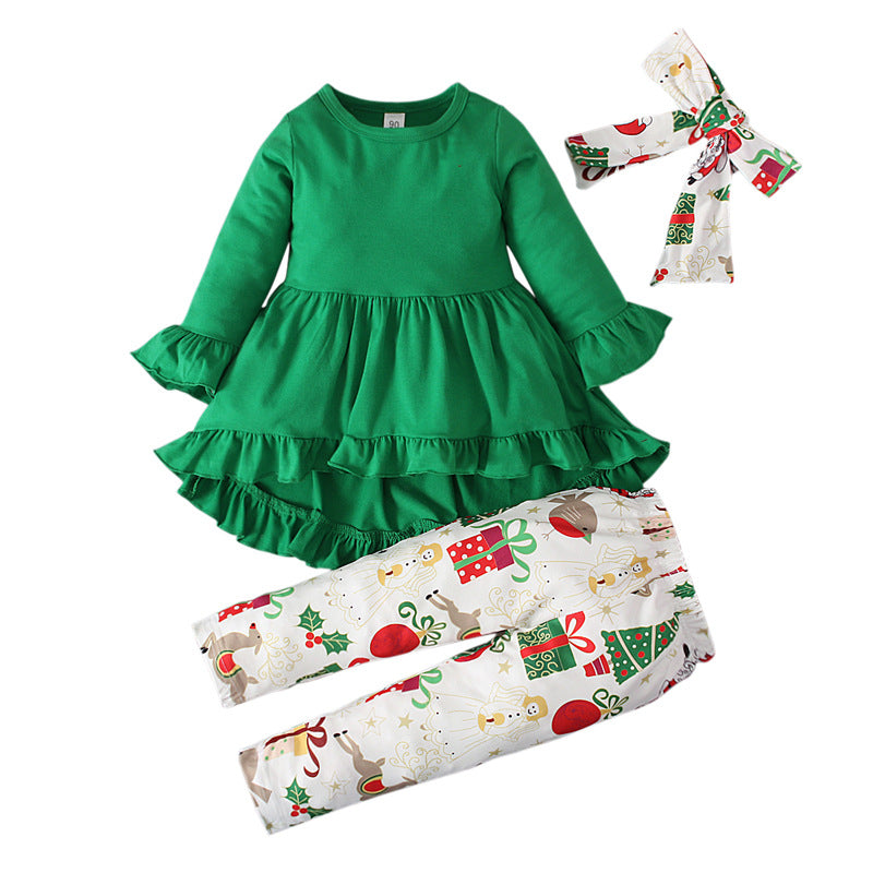 Girls' Long-sleeved Round Neck Cake Dress Christmas Printed Trousers Hair Band 3 Pieces Suit