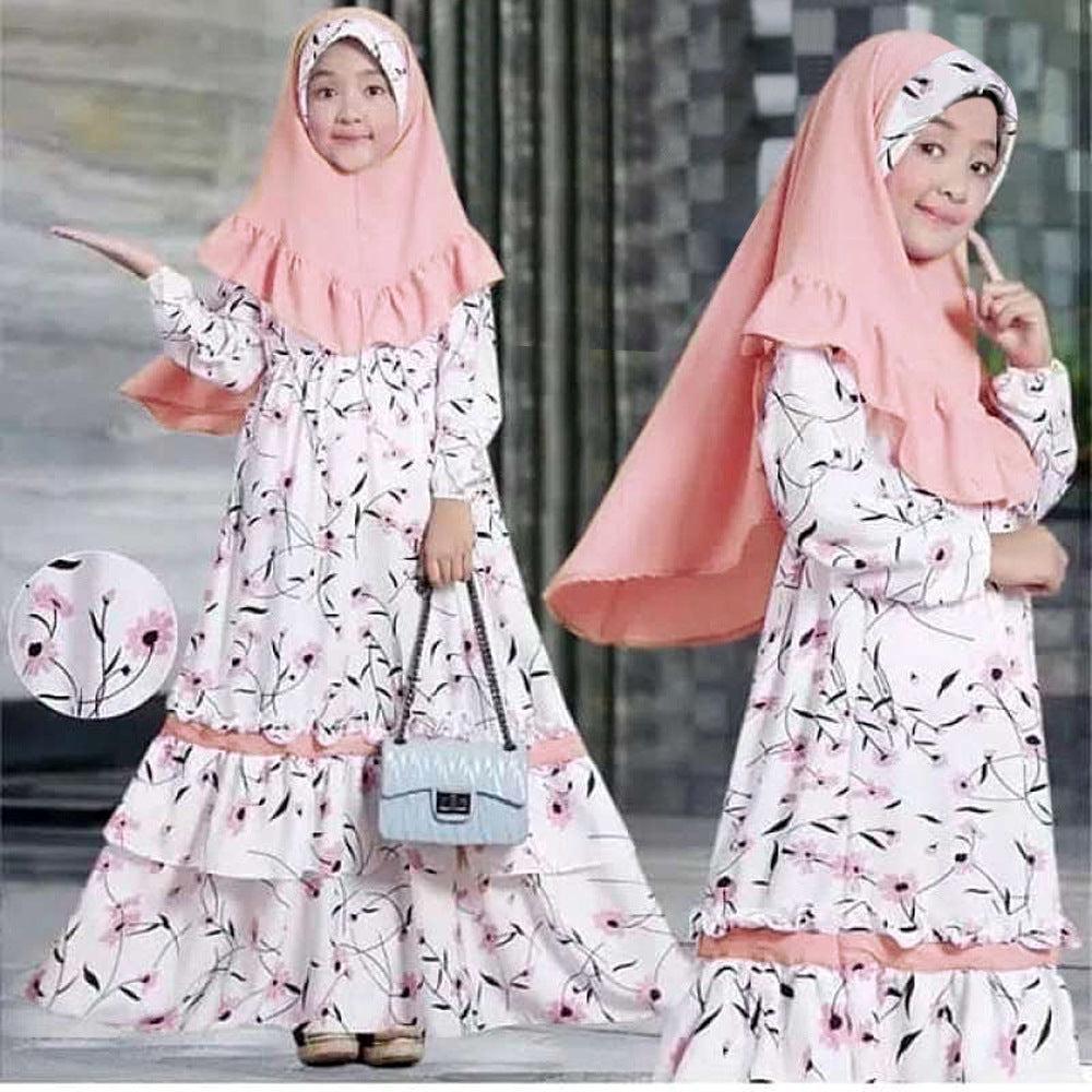 Girl's Long-sleeved Dress Long Skirt Scarf Two-piece Set